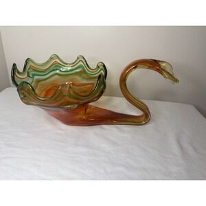 Hand Blown Glass Murano Style‎ Swan Dish Bowl Swirled Orange/ Green